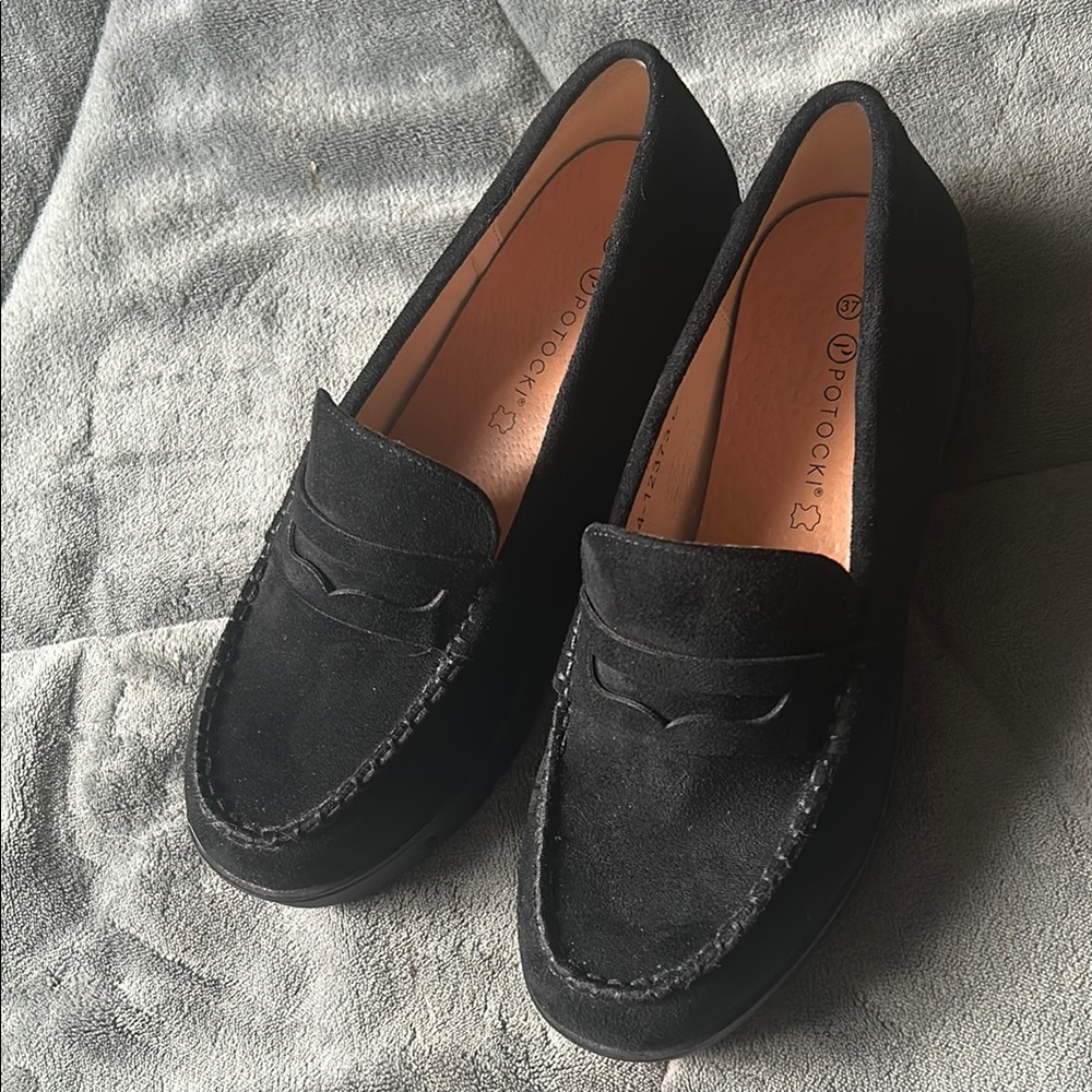 Black Slip-On Suede Loafers with Penny Slot